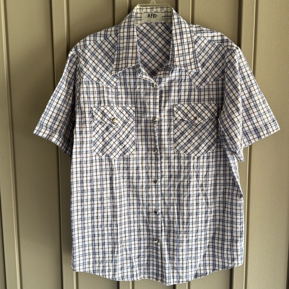 American Farm Co.  Blue & White Plaid Button-Down Short Sleeve Shirt size Large